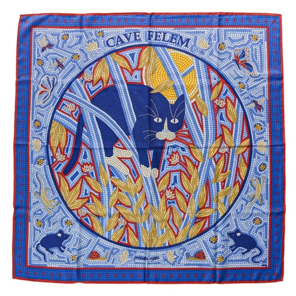 HERMES Carré 90 CAVE FELEM Cat-Watching Large Scarf/Muffler Blue Women's - Picture 1 of 9